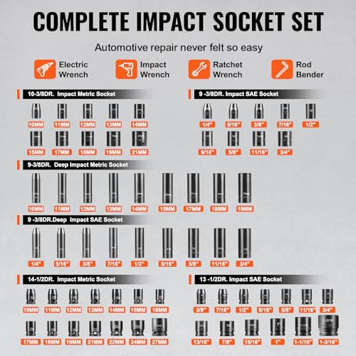 VEVOR Impact Socket Set 130 Piece 3/8" & 1/2" - SAE & Metric Drive Socket Set - 6 Point Cr-Mo Alloy Steel for Auto Repair - Easy-to-Read Size Markings - Includes Storage Case - style: 1/2" & 3/8" 130PCS CR-MO
