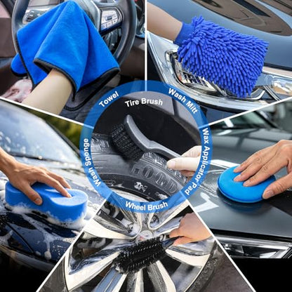 Car Wash Detailing Kit Cleaning Set with Foam Gun Sprayer, Long-Handle Brush, Large Wash Mitt, Towels, Complete Interior & Exterior Car Washing Supply Set (Blue) - color: Blue
