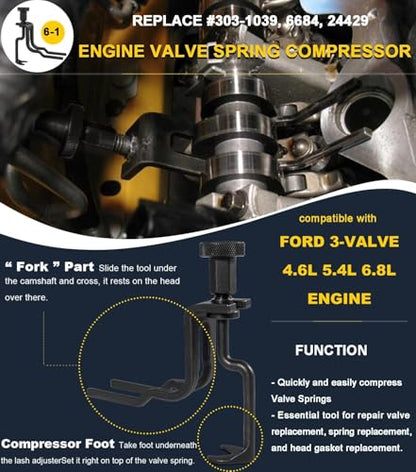 6PCS Timing Belt Tools For Ford 4.6L 5.4L 6.8L 3V Engines, Valve Spring Compressor Tool Kit, Cam Phaser Holding Tool, Timing Chain Wedge Tool, Crankshaft Positioning Holder, Cam Phaser Mount Bolt