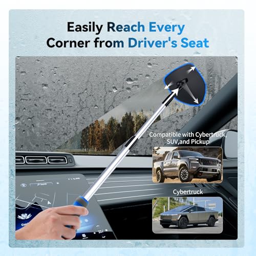 XINDELL Interior Windshield Cleaner Tool, Car Window Cleaning Kit with 5 Reusable Microfiber Pads, Extendable Handle & 360° Rotating Head, Safety Hammer, Streak-Free Auto Glass Wiper for Truck SUV RV - color: Blue