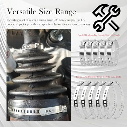 10PCS CV Boot Clamp Tool Kit Stainless Steel,Adjustable CV Axle Boot Clamp Kit with Hose Clamps Small & Large,Universal Tie Rod Boots Clamps CVS Boots Repair Kits for Cars,SUVs