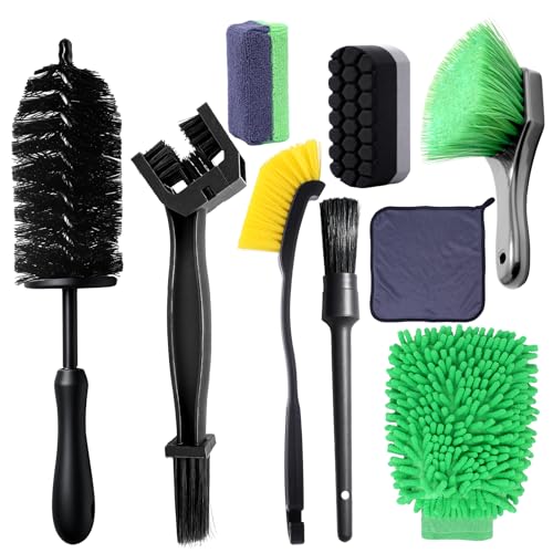 9 Pakcs Motorcycle Cleaning Kit, Chain/Tire/Wheel/Engine Brush, Motorcycle Overal Cleaner Tools Kit with Hard Reach Brush Wash Mitt Towel Applicators Polishing Sponge, Chain Cleaning Kit for Car Bike