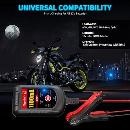 2 Pack Motorcycle Battery Charger 12V, 1.1Amp Trickle Charger and Maintainer - Smart Automatic Float Charger for Cruiser Sport Bike ATV Scooter Dirt Bike Lawn Mower, LiFePO4 Lead Acid AGM Gel - color: 12V 1.1Amp 2-Pack