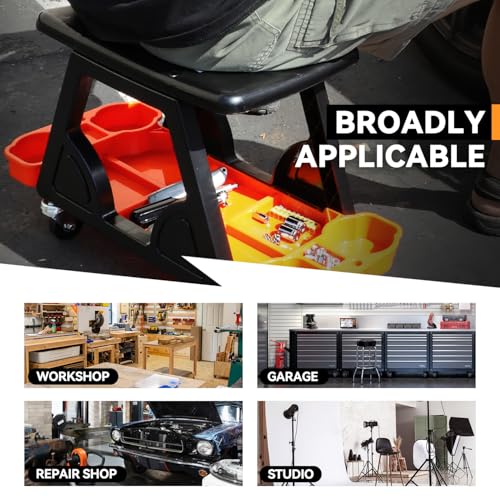 Auto Dynasty Steel Mechanic Tool Rolling Seat with Tool Tray Max 200 Lbs for Household Home Garage Warehouse Office, Orange