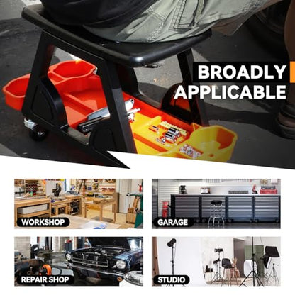 Auto Dynasty Steel Mechanic Tool Rolling Seat with Tool Tray Max 200 Lbs for Household Home Garage Warehouse Office, Orange