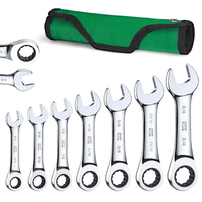 SK Stubby Ratcheting Wrench Set, Combination Wrench Set, 7-Piece, SAE 3/8" to 3/4", 72-Tooth, CR-V Steel, with Rolling Pouch - size: SAE