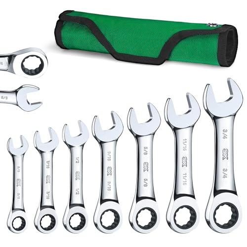 SK Stubby Ratcheting Wrench Set, Combination Wrench Set, 7-Piece, SAE 3/8" to 3/4", 72-Tooth, CR-V Steel, with Rolling Pouch - size: SAE