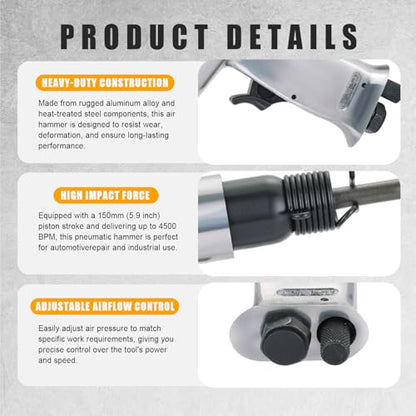 150mm Air Hammer Kit with 4 Chisels & Quick Change Retainer, 4500 BPM Short Barrel Pneumatic Hammer, Air Shovel Tool for Automotive, Metal, and Masonry Work
