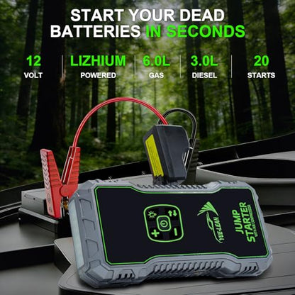 K10A 1000A Jump Starter, Portable Car Battery Jump Starter with Air Compressor, 12V Lithium Battery Booster Pack, Power Bank & Jumper Cables for 6.0L Gas & 3.0L Diesel Engines