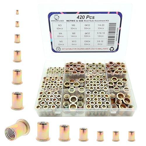 420 Pcs Metric and SAE Rivet Nut Kit, M3 to M10, 6#32 to 3/8 | Zinc-Plated Carbon Steel, M3-0.5 M4-0.7 M5-0.8 M6-1.0 M8-1.25 M10-1.5, 6#32 8#32 10#24 1/4-20 5/16-18 3/8-16 - size: M & SAE Kit (420 Pcs)