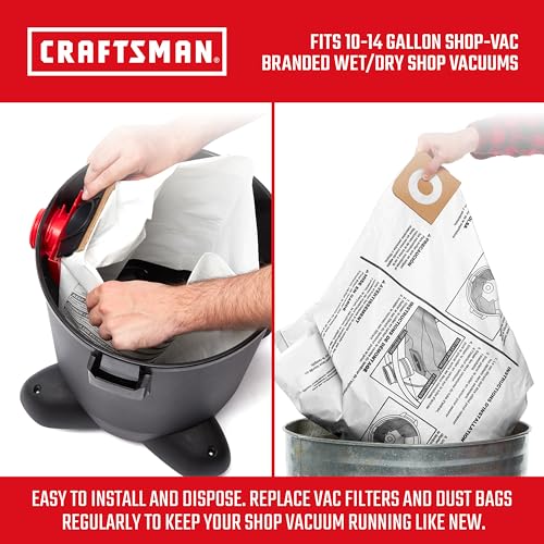 CRAFTSMAN CMXZVBE38768 10-14 Gal. Wet Dry Shop Vacuum Dust Collection Bags | For General Debris, Fits Most 10 to 14 Gallon Shop Vacuums, Collects Dry Only Debris, Reduces Cleanup Time, 3-Pack - style: 10-14 Gallon General Purpose