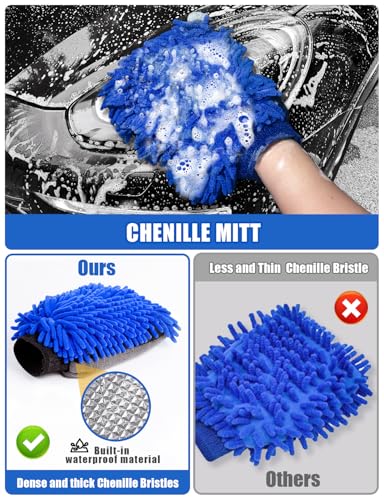 15°Curved Car Wash Brush with Long Handle Kit, 55-Inch 4-Section Extendable Pole with Replacement Head, Chenille Mitt, Tire & Wheel Hub Brushes, Towel, Storage Bag for Car, RV, Truck [Scratch Free]