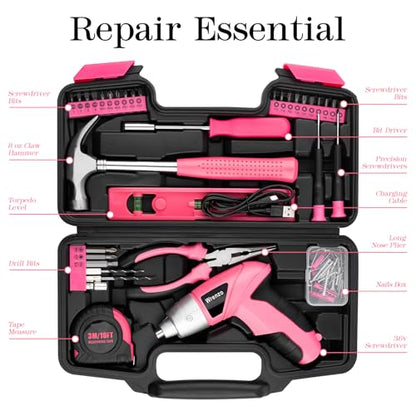 Drill Set,Cordless Drill,Small Tool Kit,112pc 3.6V USB Tool Set,Tool Kit for Dorm,Cordless & Rechargeable,Pink Home Toolbox for Women,DIY Toolbox