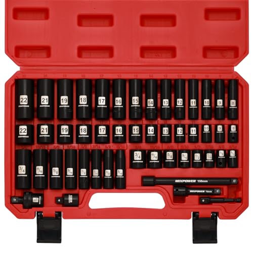 MIXPOWER 3/8" Drive Deep Impact Socket Set, 6 Point, 49 Piece Standard SAE and Metric Sizes-5/16-Inch to 3/4-Inch and 8-22 mm, 3/8'' impact universal joint, Cr-V Steel Mechanic Socket Set - size: 3/8" With Accessories