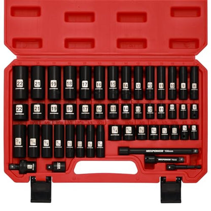 MIXPOWER 3/8" Drive Deep Impact Socket Set, 6 Point, 49 Piece Standard SAE and Metric Sizes-5/16-Inch to 3/4-Inch and 8-22 mm, 3/8'' impact universal joint, Cr-V Steel Mechanic Socket Set - size: 3/8" With Accessories