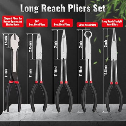 Needle Nose Pliers Set 5Pcs, Extra Long Reach Plier Set, 90°&45° Bent Nose Pliers, Circle Nose/Diagonal Pliers for Narrow Spaces, 11" Long Reach Straight Plier for Wire Bending, Trimming