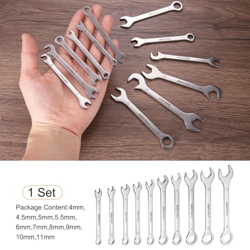 HARFINGTON Thin Combination Wrench Set 4/4.5/5/5.5/6/7/8/9/10/11mm Offset 6-Point Ended Box and 15°Angled Open End Mini Combination Wrench 30Cr13 Metric Spanner with for Auto Repairs