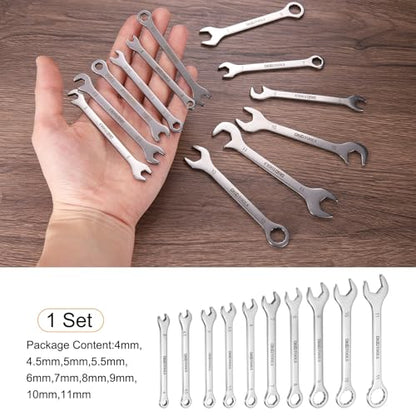 HARFINGTON Thin Combination Wrench Set 4/4.5/5/5.5/6/7/8/9/10/11mm Offset 6-Point Ended Box and 15°Angled Open End Mini Combination Wrench 30Cr13 Metric Spanner with for Auto Repairs