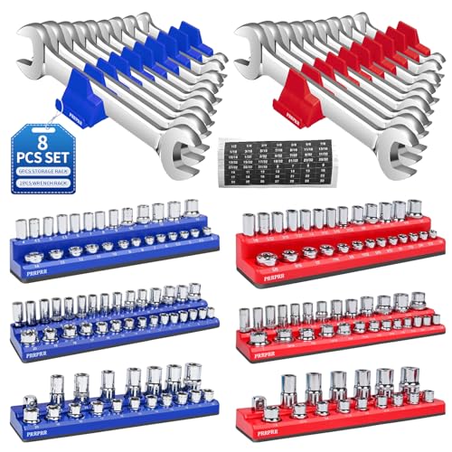 Magnetic Socket Organizer Set, 8PCS Socket Holder with 6 Socket Trays & 2 Wrench Racks, Metric & SAE Tool Box Organizer 1/4", 3/8", 1/2" for Garage, Toolbox, Workbench(Socket, Wrench not Included)