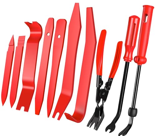 10 Pcs Car Trim Removal Tool Kit with Non-Scratch Plastic Pry Tool and Auto Clip Pliers, Automotive Car Trim Rivet Clip Removal Tool for Door Panel Dashboard Body Repair Kit - Red - color: Red