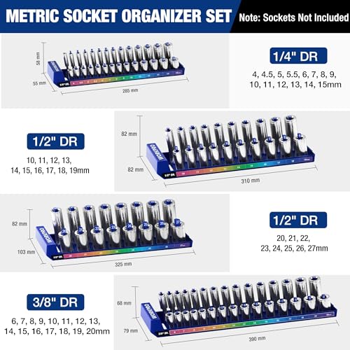 WORKPRO Socket Organizer Set, 4PC Impact Socket Holder, 1/4", 3/8", 1/2" Drive Metric Socket Trays, Impact Socket Organizer for Tool Box Drawer, Socket Storage Holds 94 Pieces (Socket not Included) | Fits Impact Sockets, Holds 94 Pieces Sockets, Large Cap