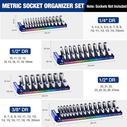 WORKPRO Socket Organizer Set, 4PC Impact Socket Holder, 1/4", 3/8", 1/2" Drive Metric Socket Trays, Impact Socket Organizer for Tool Box Drawer, Socket Storage Holds 94 Pieces (Socket not Included) | Fits Impact Sockets, Holds 94 Pieces Sockets, Large Cap
