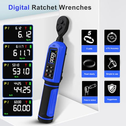 Digital Torque Wrench 3/8 Inch Drive 0.66-44.3 FT.LB (0.9-60Nm),Electronic Inch Pound Torque Wrench ±1% Accuracy 5Units,with Extension Bar 1/4" Adapter for Car,Motorcycle,Bicycle ﻿Buzzer Alarm - size: 3/8" 0.66-44.3 FT.LB