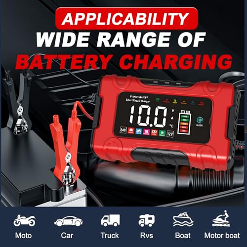LiFePO4/Lead Acid Battery Charger Smart Battery Trickle Charger 12V/24V 10A/5A Automotive Battery Maintainer Desulfator Temp Compensation for Car Truck Motorcycle Lawn Mower Marine RV