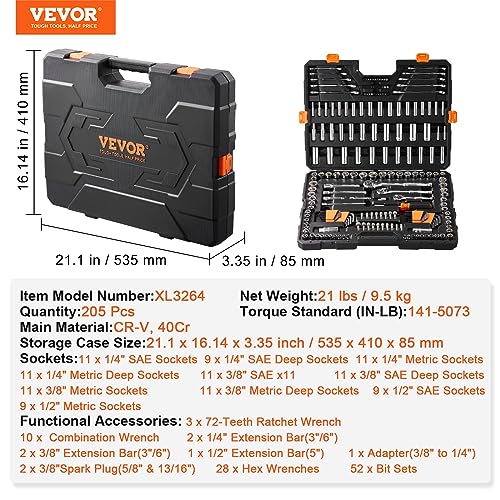 VEVOR Mechanics Tool Set, 205 Pcs SAE and Metric Sockets, 1/4" 3/8" 1/2" Drive Deep and Standard Sockets, Chrome Vanadium Steel, Polyethylene - size: 1/4"&3/8"&1/2", style: NEW 205 PC