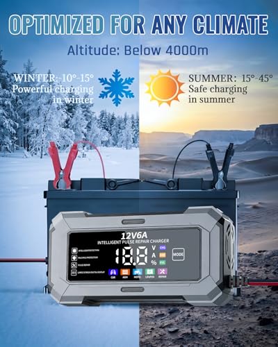 Car Battery Charger Automatic Trickle Charger and Battery Maintainer with Pulse Repair Digital Display Trickle Charger for Car Battery 12V6A Auto Battery Charger for AGM Motorcycle LiFePO4 Batteries - color: Gray