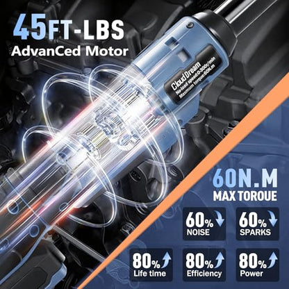 CloudDream 3/8" Cordless Electric Ratchet Wrench,45Ft-lbs(60N.m) Extended Ratchet Set with 2x 2.0Ah Batteries, Variable Speed Power Driver, 6 Sockets, 1/4" Adaptor & 3" Extension Bar