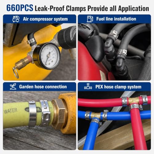560PCS 22-Sizes Stepless Single Ear Hose Clamp Kit with Pliers & Cutter, 5.3-36.1mm (1/4"-1-3/8") 304 Stainless Steel Anti-Corrosion Clamps for Automotive Fuel Line,CV Boot,HVAC,Radiator & PEX - size: 560PCS
