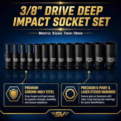 13‑Piece 3/8″ Drive Metric Deep Impact Socket Set, 6‑Point Laser‑Etched 7‑19 mm, Chrome‑Moly Steel, Heavy‑Duty Storage Case - size: 3/8"_13pc