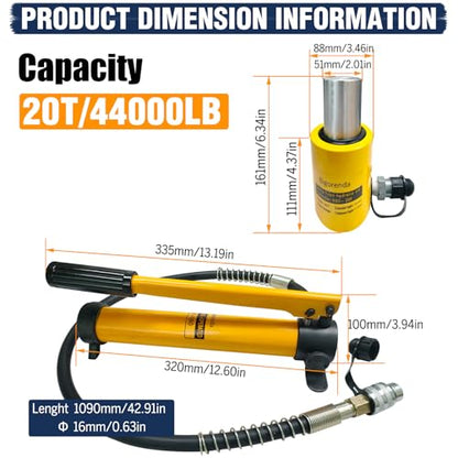 20T Hydraulic Cylinder Jack Sets Porta Power Ram Jack Kit,CP-180 Manual Hydraulic Hand Pump,2"Stroke,Single Acting Lifting Cylinder for Machinery Shipbuilding Short Distance Lifting Leveling - size: 20T，2"+CP180 PUMP