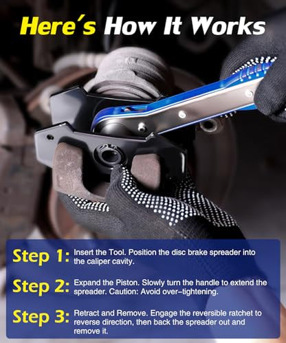 Brake Caliper Compression Tool,360° Swing Ratchet Switch With Additional 2 pcs Large Steel Plate and 2 Hooks&Nylon Grip Work Gloves for Single/Twin/Quad Piston,Disc Brake Repair/Car,Truck,SUV(Blue)