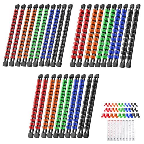 Reniteco 27-Pack Socket Organizer Set, 1/4" x 160 3/8" x 150 1/2" x 120 Clips | 306 Clip Capacity, Havy-Duty ABS Socket Rails, Removable Clips, Drive Socket Storage, Toolbox Drawer or Wall Mount - color: Mix-Color, size: 30 Pcs