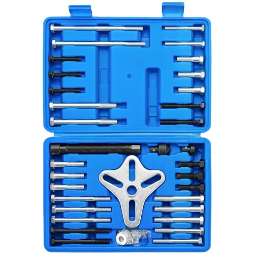 NYXOVA 46pcs Harmonic Balancer Puller Set, Steering Wheel Flywheel Crankshaft Pulley Puller kit with Harmonic Balancers, Crankshaft Pulleys and Gears, Work on Most Cars, Pickups, SUVs (Blue) - color: Blue