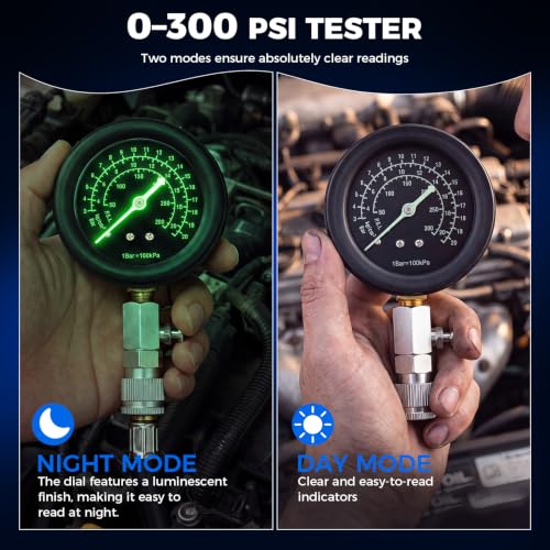 DISEN 14 PCS Compression Tester Kit, 0-300 PSI Triple-Scale Gauge with Fluorescent Dial, 5 Metal Adapters M10-M18 & 2 Spark Plug Testers, for Gasoline Engines Cars Trucks ATV Small Engines