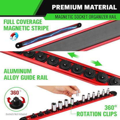 1/4-Inch Magnetic Socket Organizer Rail, Aluminum Alloy Socket Rail, Heavy Duty Sockets Holder with 14 Clips, 360° Swivel Clip Tool Tray, Sockets Organizer for Tool Box Drawer (Red) - style: Red 1/4-inch