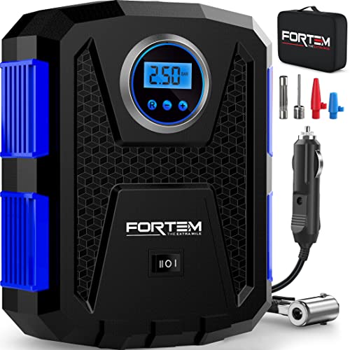FORTEM Tire Inflator Portable Air Compressor, Air Pump for Car Tires and Bikes, Car Tire Pump w/Auto Shut Off, 150 PSI, 12V DC, LED Light, Carrying Case, Perfect For Men, Women - color: Blue, size: Medium