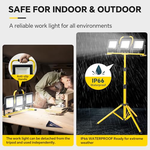 LED Work Lights with Stand: 3 Head Adjustable Work Light with Individual Switch, IP66 Waterproof Foldable Outdoor Tripod Light for Job Site Construction Lighting, Tool Gifts for Men - style: ‎3 Heads