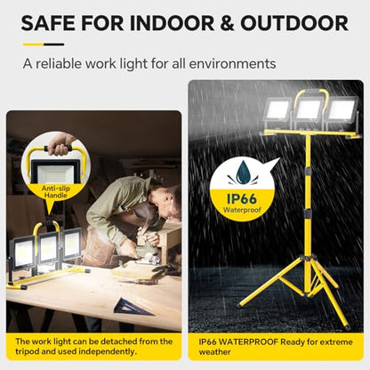 LED Work Lights with Stand: 3 Head Adjustable Work Light with Individual Switch, IP66 Waterproof Foldable Outdoor Tripod Light for Job Site Construction Lighting, Tool Gifts for Men - style: ‎3 Heads