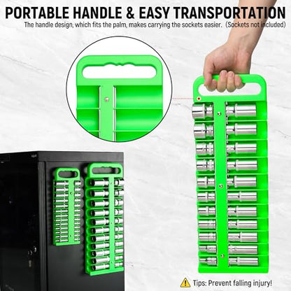 Reniteco Magnetic Socket Organizer Set, 3 Pcs Blue Portable Heavy Duty Socket Rail Set: 1/4-Inch x 22 Pallets, 3/8-Inch x 28 Pallets, 1/2-Inch x 26 Pallets, Hold 76 Sockets - Fit Shallow&Deep Sockets - color: Green