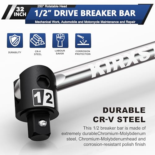 32-Inch 1/2” Drive Breaker Bar, Heavy Duty Extension Breaker Bar, 250° Rotatable Head, Premium Chromium Molybdenum Steel, Mechanical Work, Automobile and Motorcycle Maintenance and Repair - size: 1/2" 32 in