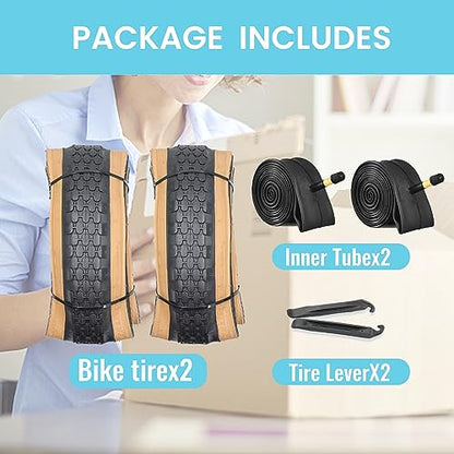 Hycline 2-Pack Cruiser Bike Tires Set: 24/26x2.125 inch Folding Replacement High-Performance Wear-Resistant Tires with Inner Tubes & Tire Levers for Beach & Urban Commuter Bikes - color: Brown Set-26x2.125