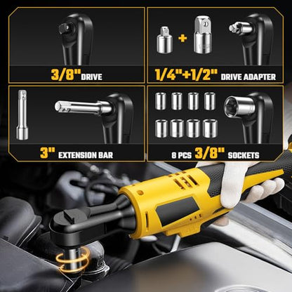 3/8" Cordless Ratchet Wrench for De-WALT 20V Max Battery - 42Ft-Lbs Brushless Motor Electric Ratchet Set with 0-220RPM Variable Speed, 8 Sockets, 3/8" and 1/4" Adapters,3" Extension Bar (Tool Only)