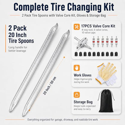 COZILO 2 Pack 20 Inch Tire Spoons, Heavy Duty Tire Irons for Tire Changing, Flat & Curved Tire Lever Bar with Valve Core Kit, Gloves & Bag for Cars, Motorcycles, Dirt Bikes, Lawn Mowers