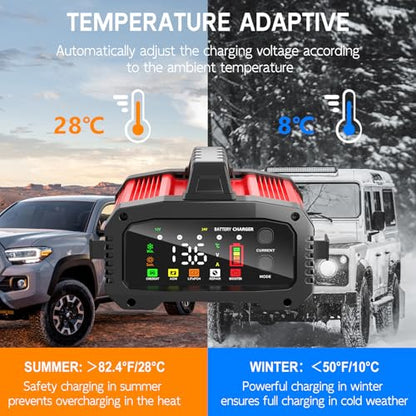 Battery Charger 25A Smart Trickle Charger Maintainer 12V/24V LiFePO4 | Car battery charger Lead Acid Compatible with Temperature Compensation for Car Truck Motorcycle Lawn Mower Boat