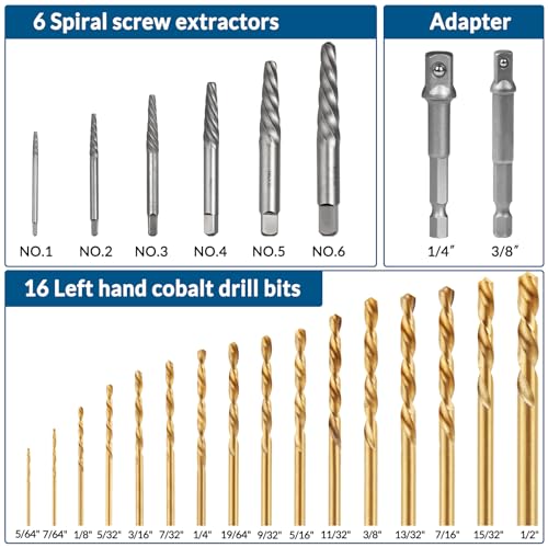 Screw & Bolt Extractor Set and Left Hand Drill Bit Kit, 54 PCS | Easy Out Stripped Screw Remover, Hex Adapter, Lug Nut Remover, For Broken, Damaged, Rusted, Rounded-Off Studs - color: 54-piece