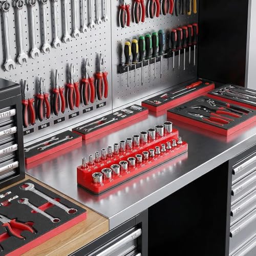 Magnetic Socket Organizer Set, 2-Piece SAE & Metric Socket Holders, Holds 52 Standard & Deep Sockets for Tool Drawers, Tool Carts (Sockets Not Included) - size: 2Pcs Socket Organizer
